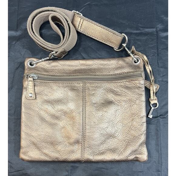 Fossil Pebble Grain Leather Crossbody Handbag Purse Bronze Metallic Pockets - Picture 4 of 14